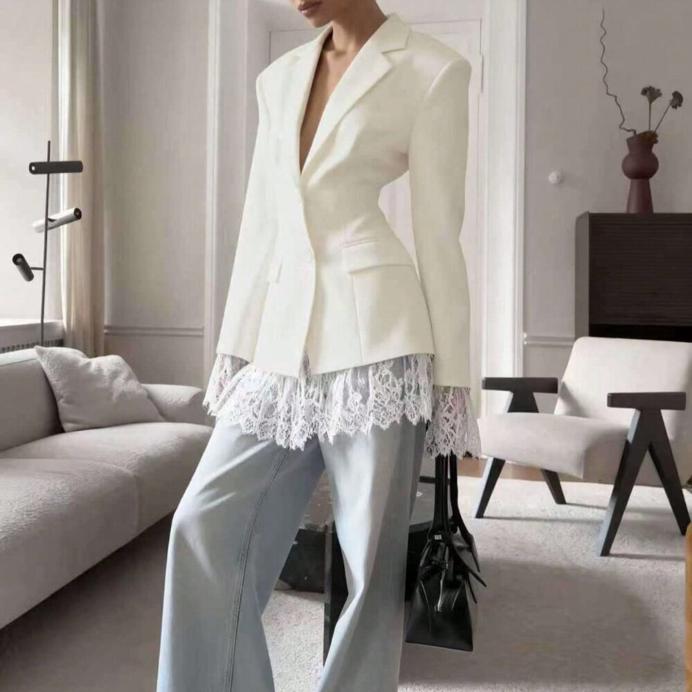 Apricot Elegant Women's Lace Patchwork Blazer Jacket - Picture 2 of 6